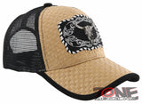 NEW! STRAW MESH METAL SKULL HORN BALL CAP HAT BLACK