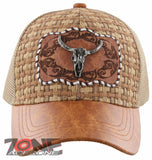 NEW! STRAW MESH METAL SKULL HORN FAUX LEATHER BALL CAP HAT TAN