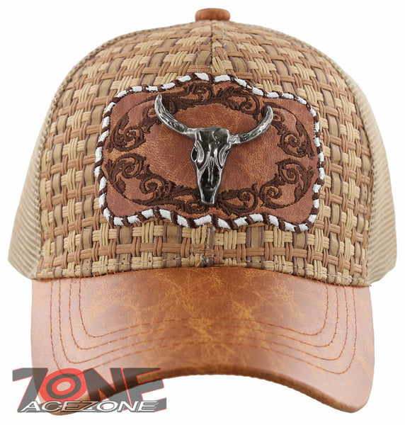 NEW! STRAW MESH METAL SKULL HORN FAUX LEATHER BALL CAP HAT TAN