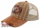 NEW! STRAW MESH METAL SKULL HORN FAUX LEATHER BALL CAP HAT TAN