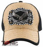 NEW! STRAW MESH METAL EAGLE BALL CAP HAT BLACK