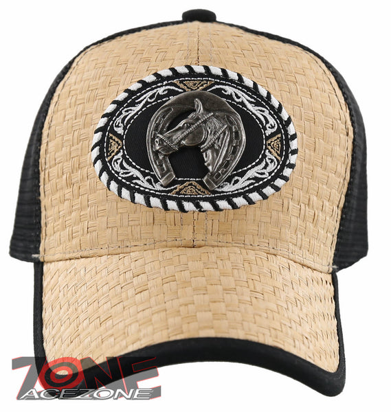 NEW! STRAW MESH METAL HORSESHOE BALL CAP HAT BLACK