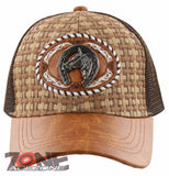 NEW! STRAW MESH METAL HORSESHOE FAUX LEATHER BALL CAP HAT BROWN