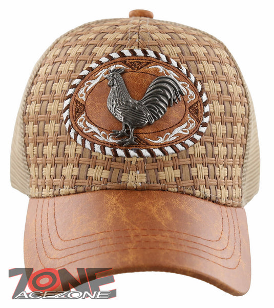 NEW! STRAW MESH METAL COCK FIGHT FAUX LEATHER BALL CAP HAT TAN