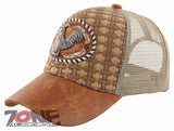 NEW! STRAW MESH METAL COCK FIGHT FAUX LEATHER BALL CAP HAT TAN