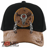 NEW! NATIVE PRIDE BUFFALO SKULL FEATHERS FAUX LEATHER BASEBALL CAP HAT BLACK
