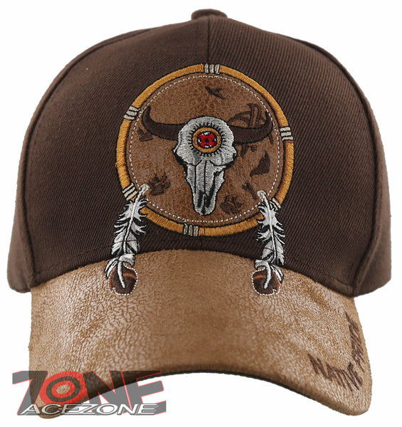 NEW! NATIVE PRIDE BUFFALO SKULL FEATHERS FAUX LEATHER BASEBALL CAP HAT BROWN