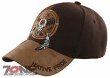 NEW! NATIVE PRIDE BUFFALO SKULL FEATHERS FAUX LEATHER BASEBALL CAP HAT BROWN