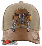 NEW! NATIVE PRIDE BUFFALO SKULL FEATHERS FAUX LEATHER BASEBALL CAP HAT TAN