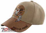 NEW! NATIVE PRIDE BUFFALO SKULL FEATHERS FAUX LEATHER BASEBALL CAP HAT TAN