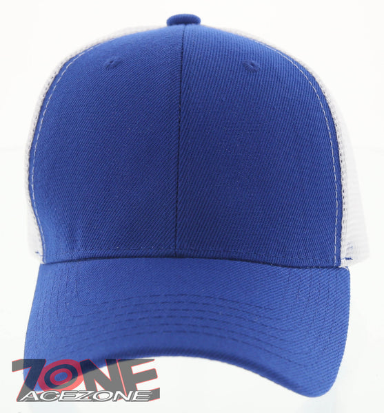NEW! PLAIN SOLID MESH SNAPBACK BASEBALL CAP HAT WHITE ROYAL BLUE