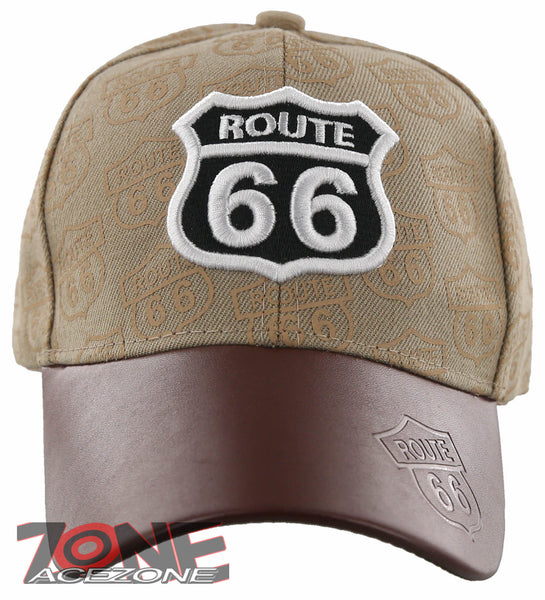 NEW! US ROUTE 66 THE MOTHER ROAD USA FAUX LEATHER BALL CAP HAT TAN