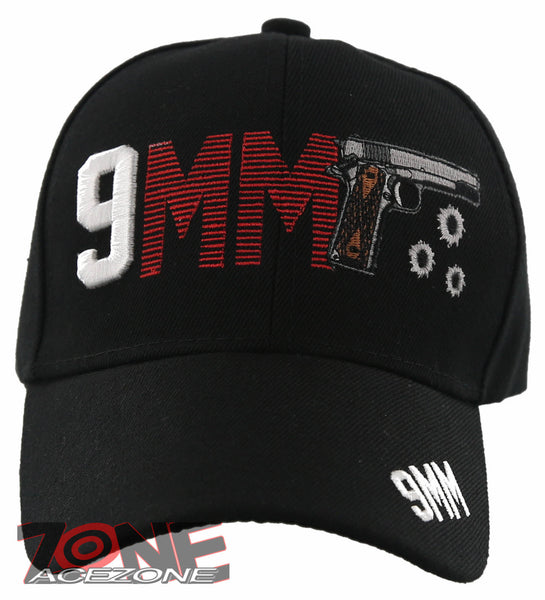 NEW! 9MM PISTOL GUN SIDE 9MM BASEBALL CAP HAT BLACK