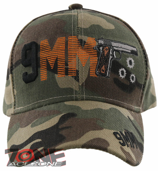 NEW! 9MM PISTOL GUN SIDE 9MM BASEBALL CAP HAT GREEN CAMO