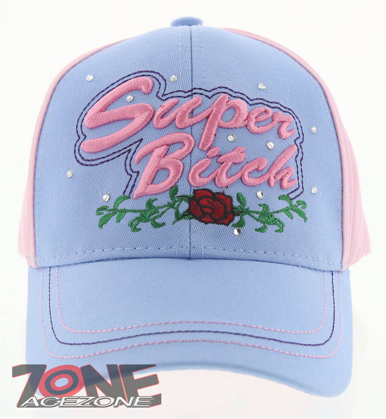 NEW! SUPER BITCH ROSE BALL CAP HAT PINK SKY BLUE