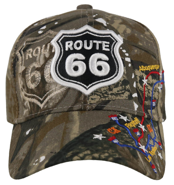 NEW! US ROUTE 66 LOS ANGELES TO CHICAGO ROUTE MAP BALL CAP HAT FOREST CAMO