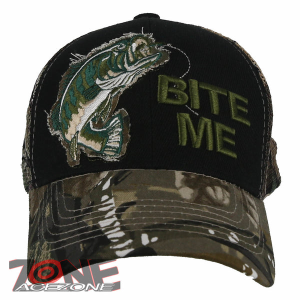 NEW! MESH BIG BASS BITE ME FISHING BALL CAP HAT FOREST CAMO BLACK