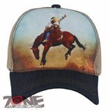 NEW! MESH RODEO COWBOY HORSE SADDLE BRONC RIDING BALL CAP HAT BLUE JEAN TAN