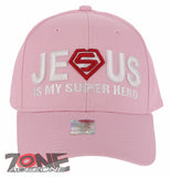 NEW! JESUS IS MY SUPER HERO CHRISTIAN COTTON BASEBALL CAP HAT PINK