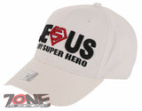 NEW! JESUS IS MY SUPER HERO CHRISTIAN COTTON BASEBALL CAP HAT WHITE
