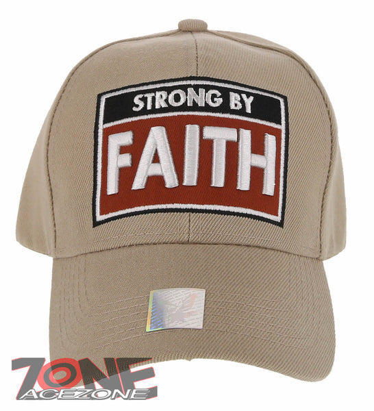 NEW! JESUS STRONG BY FAITH I LOVE JESUS CHRISTIAN BASEBALL CAP HAT TAN