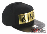 NEW! GOLD METAL KING PATCH FLAT LEATHER BILL SNAPBACK BASEBALL CAP HAT BLACK