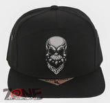NEW! SKELETON BANDANA FLAT BILL 7 PANEL SNAPBACK BASEBALL CAP HAT BLACK