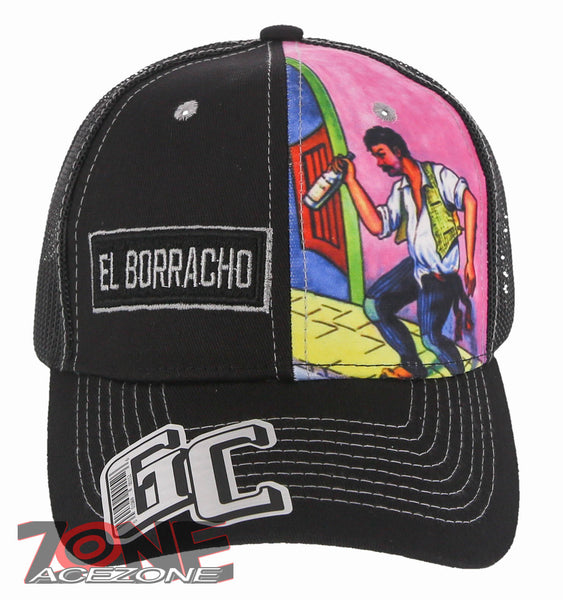 EL BORRACHO DRUNK MEXICAN LOTERIA BINGO TRUCKER SNAPBACK BASEBALL CAP HAT BLACK