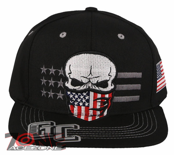 NEW! SKULL USA FLAG MASK SKELETON FLAT BILL SNAPBACK BASEBALL CAP HAT BLACK