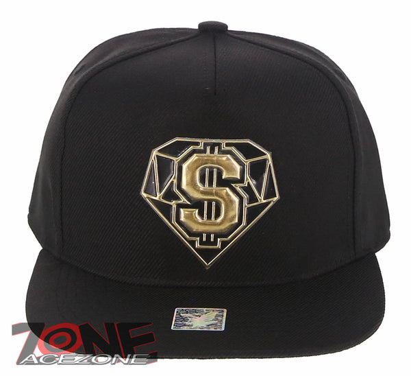 NEW! US DOLLAR $ DIAMOND FLAT BILL SNAPBACK BASEBALL CAP HAT BLACK