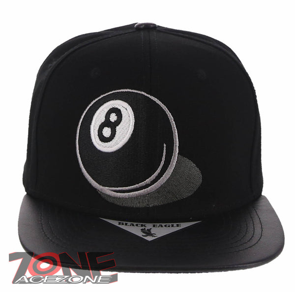 NEW! 8 BALL BLACK FAUX LEATHER VISOR FLAT BILL SNAPBACK BASEBALL CAP HAT BLACK