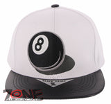 NEW! 8 BALL BLACK FAUX LEATHER VISOR FLAT BILL SNAPBACK BASEBALL CAP HAT WHITE