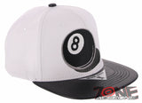 NEW! 8 BALL BLACK FAUX LEATHER VISOR FLAT BILL SNAPBACK BASEBALL CAP HAT WHITE
