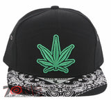 NEW! MARIJUANA WEED CANNABIS FLAT BILL 7 PANEL BANDANA BASEBALL CAP HAT BLACK