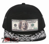 NEW! DOLLAR BILL FLAT BILL 7 PANEL BANDANA SNAPBACK BASEBALL CAP HAT BLACK