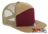 7 PANEL FLAT BILL SNAPBACK TRUCKER BASEBALL CAP HAT TAN BURGUNDY