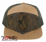 7 PANEL FLAT BILL SNAPBACK TRUCKER BASEBALL CAP HAT GREEN TAN CAMOUFLAGE OLIVE
