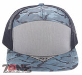 7 PANEL FLAT BILL SNAPBACK TRUCKER BASEBALL CAP HAT GRAY CAMOUFLAGE COBALT