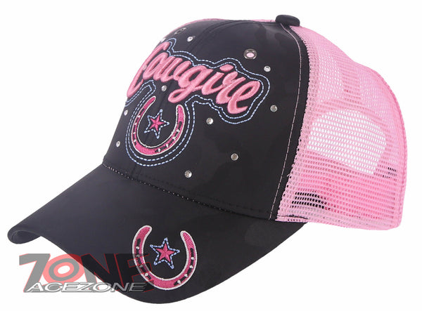 NEW! RODEO COWGIRL STAR STONES MESH TRUCKER BALL CAP HAT PINK CAMOUFLA ...