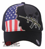NEW! MACHINE GUN USA FLAG AR-15 SKULL SKELETON BASEBALL CAP HAT BLACK