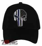 NEW! US THIN BLUE LINE POLICE USA FLAG SKULL BALL CAP HAT BLACK